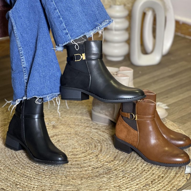Bottines à bride raffinée et talon bas classique avec contraste de matières – Image 3