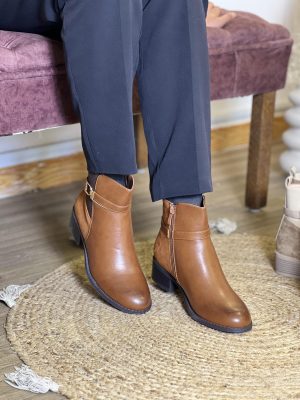 Bottines à bride raffinée et talon bas classique avec contraste de matières