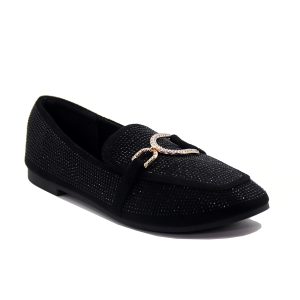 Mocassin noir élégant avec strass et boucle dorée