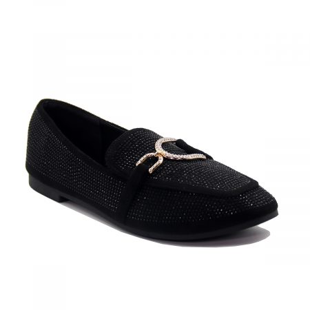 Mocassin noir élégant avec strass et boucle dorée