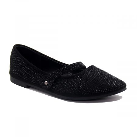 Ballerine noire élégante avec strass et bride décorative.