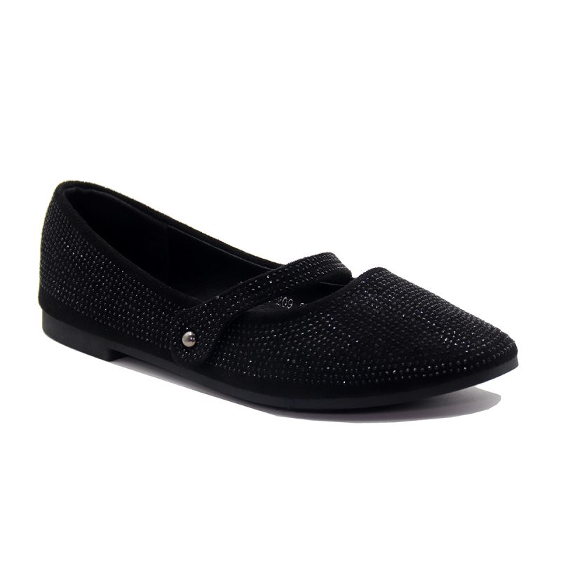 Ballerine noire élégante avec strass et bride décorative.