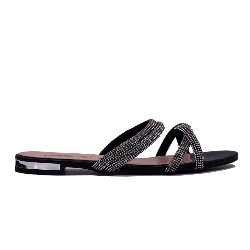 Mules plates élégantes à brides croisées ornées de strass