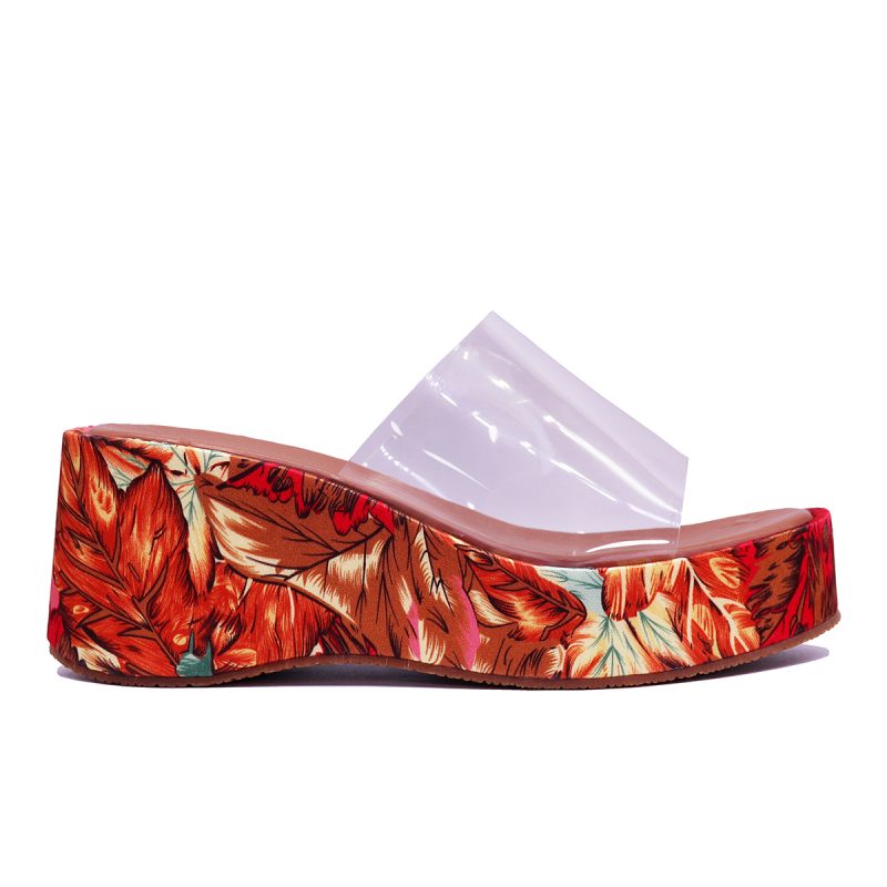 Mules compensées à semelle imprimée tropicale et bande transparente – Image 3