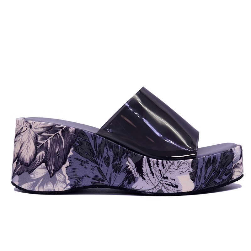 Mules compensées à semelle imprimée tropicale et bande transparente – Image 5