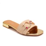 Mule satinée à talon carré orné de bijoux multicolores