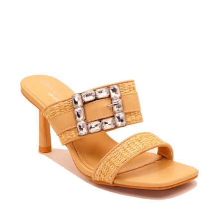 Mule à talon fin avec bande tressée et boucle strassée